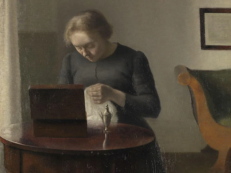 1864-Vilhelm Hammershøi - La moglie dell'artista al tavolo da cucito - Museo Nazionale di Arte, Architettura e Design